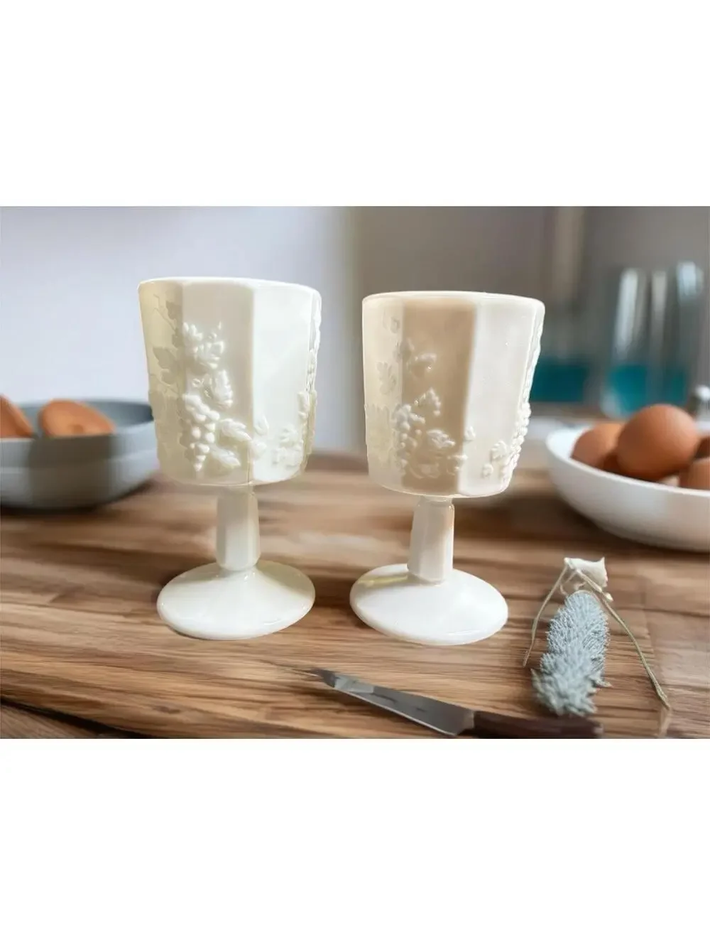 Set of 2 Vintage White Milk Glass Goblets with Grape Vine Relief